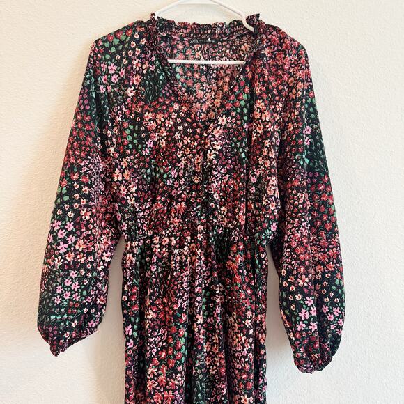 ZARA Black Floral Print Long Sleeve Wide Leg Jumpsuit Smocked Waist Size Small - Picture 3 of 6